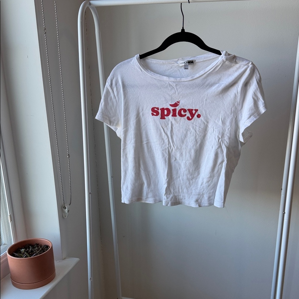 Fashion Nova White Crop Top with Red Text